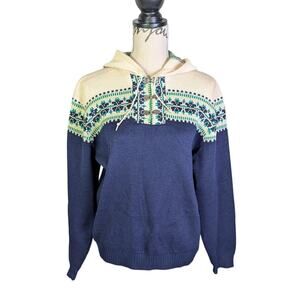 Vintage 70s Tundra Wool Fair Isle Hooded Sweater Nordic Ski Pullover M